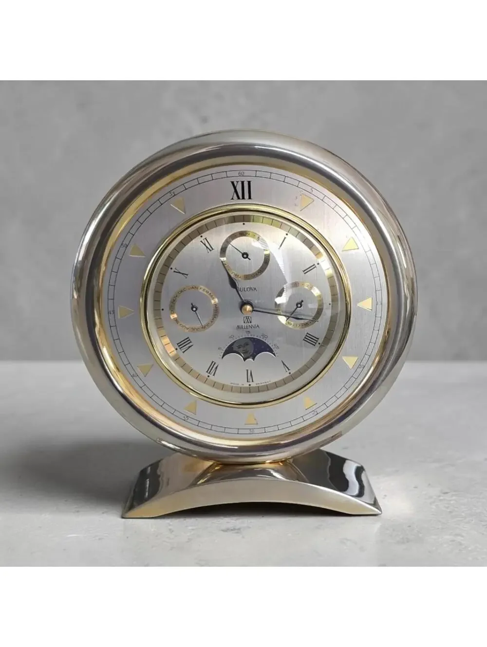 Vintage Bulova Millennia Table Clock German Brass Moon Phase Multi-Funct WORKS!
